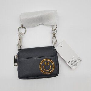 NEW Black Women Mini Wallet Zipper Card Holder Small Happy Face Long Chain NWT
